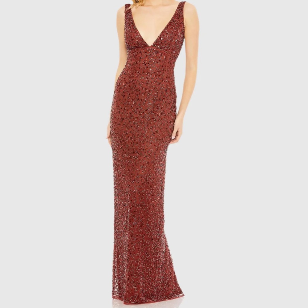 Mac Duggal - Sleeveless Sequined V-Neck Gown | Color: Brick | Style# 93757